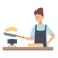 Happy woman cooking pancakes at home vector