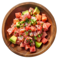 Generated AI tuna salad with avocado and salmon in a wooden bowl on transparent background png