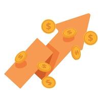 Isometric of an upward arrow with coins, symbolizing growing profits vector