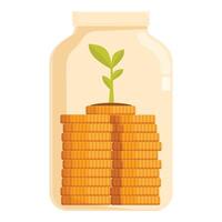 Digital illustration of plant growing inside a jar over a stack of coins, symbolizing investment and growth vector