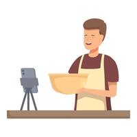 Smiling man in apron holding a bowl while recording a cooking tutorial vector