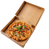 Generated AI pizza in a cardboard box on transparent background png