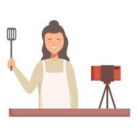 Smiling woman with spatula filming cooking show vector