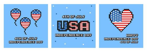US independence day pixel art card set, social media post template, banner, 80s, 90s old arcade game style, United States, postcards, background, USA flag, heart, balloons vector