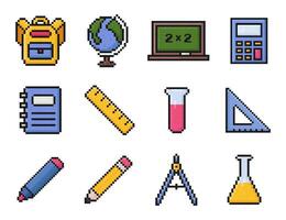 school supplies pixel art icon set, education items, back to school, 8 bit, 80s, 90s, arcade game items, backpack, globe, chalkboard, calculator, notebook, ruler, flask, triangle, marker, pencil vector