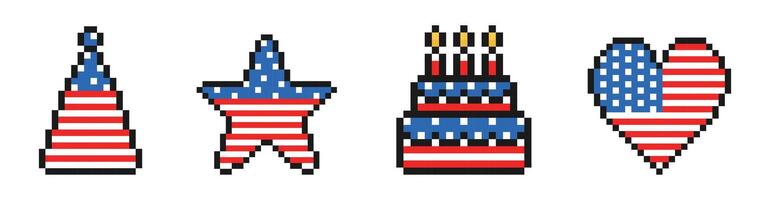 independence day pixel icon set, vintage, 8 bit, 80s, 90s games style, 4th of july, patriotic elements, USA flag, hat, star, cake, heart vector