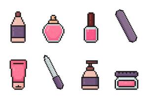 beauty products pixel art icons, various cosmetics, 80s, 90s, old arcade game style, shampoo, perfume, nail polish, nail file, cream, lotion, moisturizer, skin care vector