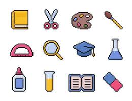 back to school supplies pixel art icon set, university, education items, 8 bit, 80s, 90s, book, scissors, brush, art palette, protractor, graduation hat, magnifying glass, flask, glue, eraser vector