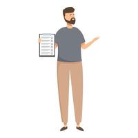 illustration of a bearded man standing, holding and presenting a clipboard checklist vector