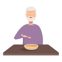 Elderly gentleman with a spoon in hand, happily eating a bowl of warm soup vector