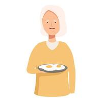 ilustración de un sonriente mayor mujer participación un plato con huevos vector