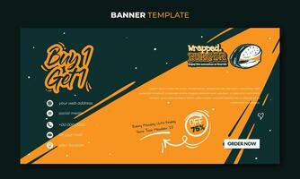 Banner template in orange green abstract background with simple typography and burger in design. good template for fast food or street food banner vector