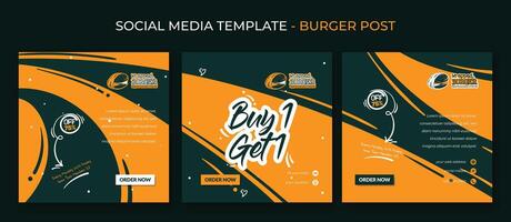 Social media post template in square design with abstract green orange background and burger design for street food or fast food adcvertisement vector