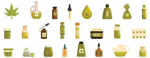 Hemp cannabinoid extract . A collection of various green items, including bottles, cups, and bags vector