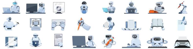 Robot-writer . A collection of robot characters with various jobs and tasks vector