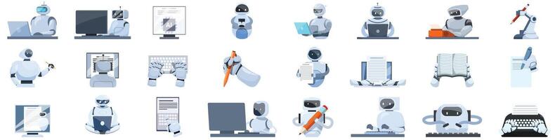 Robot-writer . A collection of robot characters with various jobs and tasks vector