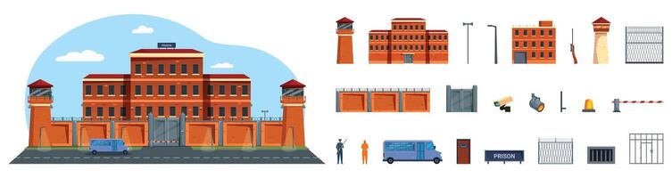 Prison building . A series of images of a prison building and its surroundings vector