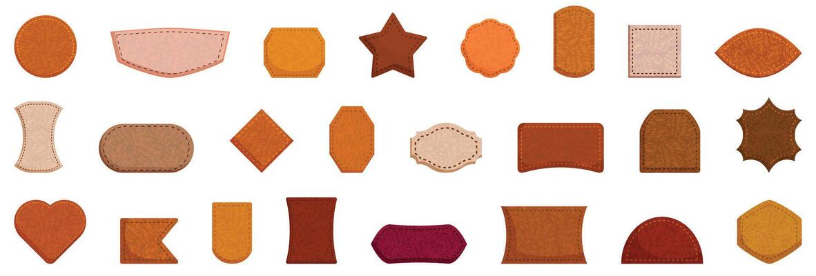 leather labels stitches . A collection of various shapes and sizes of brown and orange objects
