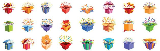 Giftbox confetti explosion . A collection of colorful boxes with one of them having a large explosion vector