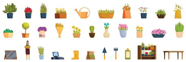 Flower shop interior . A collection of potted plants and gardening tools vector