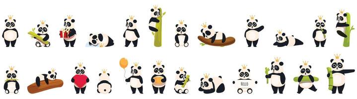 corona panda . un colección de dibujos animados panda osos en varios poses vector