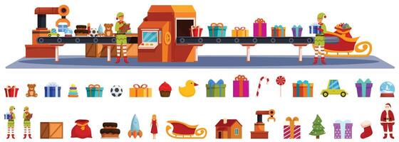 Christmas factory conveyor . A cartoon of elves working in a factory with a conveyor belt of presents vector