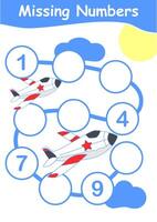 activity sheet for children missing number 1 to 10 with airplane theme. Education worksheet Printable A4 size vector