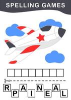 activity sheet for children Spell the word. illustration of airplane. Spelling game for kids. Education worksheet Printable A4 size vector