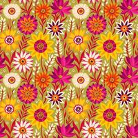 Floral Seamless Random Pattern with Vibrant Coloful Fantasy Flowers in Bohemian style in Yellow, Magenta, Olive Green, White. Great for Textiles, Surfaces, Wallpapers, Wrappings Paper, Fabrics. vector