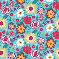 Floral Seamless Half Drop Pattern with Fantasy Leaves and Flowers in Mint Green, Red, Yellow, White. Repeat Wallpaper Print Texture. Perfectly for Scrapbook Craft Paper, Textile, Fabric, Gift Wraps. vector