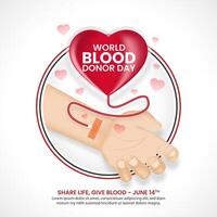 mundo sangre donante día antecedentes con un mano y sangre bolso vector