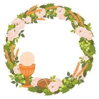 Symbols of the first communion in a round composition, wreath. . Golden bowl for wine, bread, wine, grapes, white roses. Elements for beautiful invitation design. vector