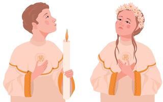 niños durante el primero comunión. ilustración. un chico y un niña en blanco festivo ropa orar a dios. un ceremonia en el cristiano tradición, un miembro de el Iglesia recibe el eucaristía. vector