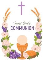 Symbols of the first communion. . Golden bowl for wine, crucifix, bread, wine, grapes, white roses. An invitation to celebrate the Eucharist. Festively decorated altar. vector