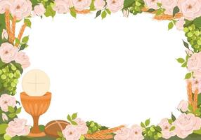 Symbols of the first communion in a rectangular frame. . Golden bowl for wine, bread, wine, grapes, white roses. Composition for beautiful invitation design. vector