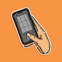 mano participación teléfono y disparar o tomar fotos. ilustración diseño aislado en un naranja antecedentes. tomando foto en teléfono inteligente tomando foto con móvil teléfono dispositivo. vector