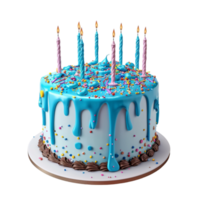 Generated AI birthday cake with blue icing and candles on it on transparent background png