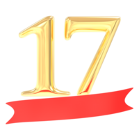 anniversaire 17 nombre or et rouge 3d le rendu png