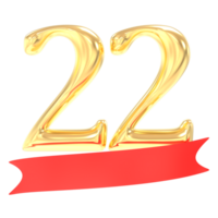 anniversaire 22 nombre or et rouge 3d le rendu png