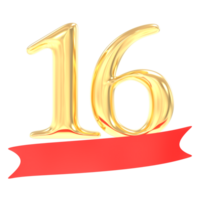 Anniversary 16 Number Gold And Red 3d Rendering png