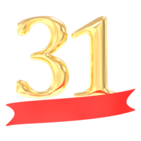 anniversaire 31 nombre or et rouge 3d le rendu png