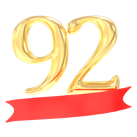 Jahrestag 92 Nummer Gold und rot 3d Rendern png