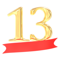 anniversary 13 number gold And Red 3d rendering png