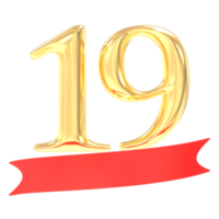 aniversário 19 número ouro e vermelho 3d Renderização png