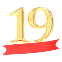 anniversaire 19 nombre or et rouge 3d le rendu png