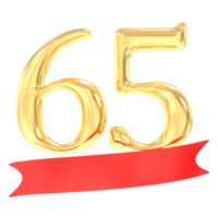 aniversário 65 número ouro e vermelho 3d Renderização png