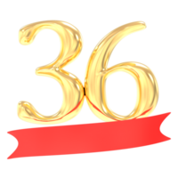 aniversario 36 número oro y rojo 3d representación png