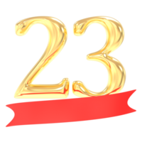 aniversario 23 número oro y rojo 3d representación png