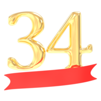 Anniversary 34 Number Gold And Red 3d Rendering png