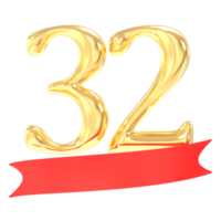 Anniversary 32 Number Gold And Red 3d Rendering png